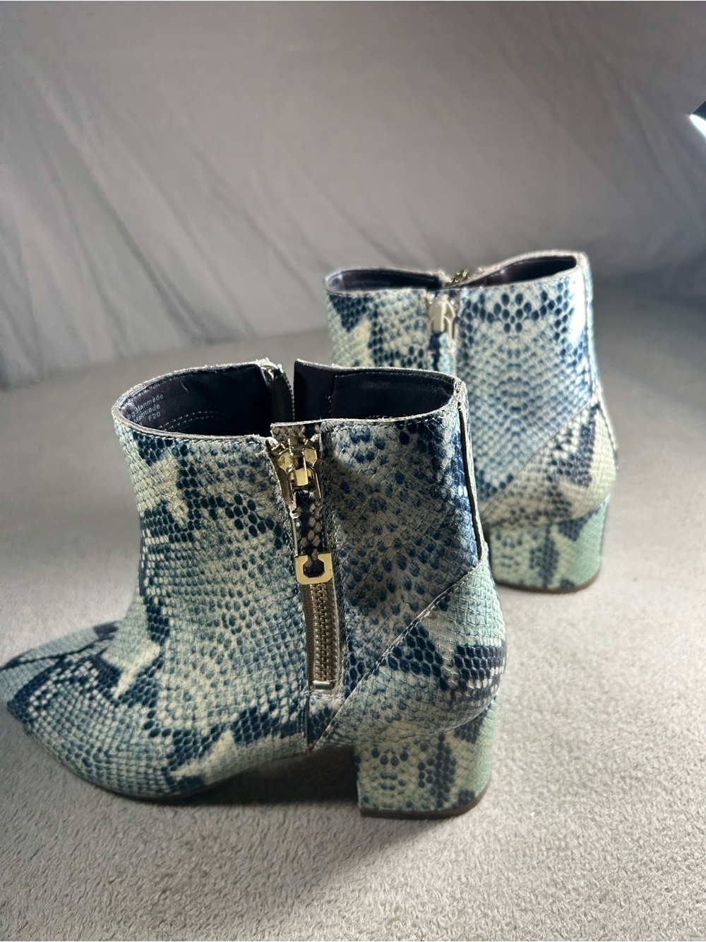 Cole Haan Blue & Gray Snake-Print Ankle Booties with Gold Zip 5.5 - Picture 1 of 10